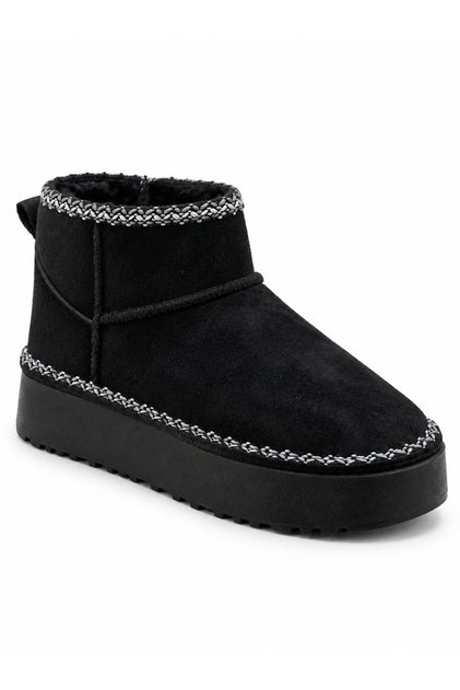 Women's Black Fur-Lined Suede Look Thick Sole Winter Short Boots