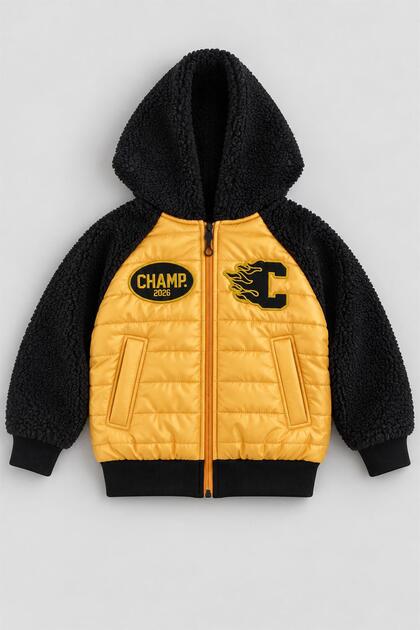 Boy's Quilted Plush Sleeve Hooded College Jacket
