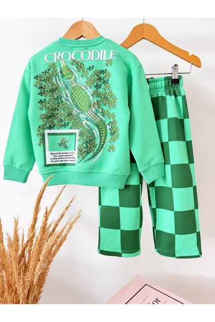 Boys' 3-Thread Cotton Crocodile Print Sweatshirt Checked Pants Set