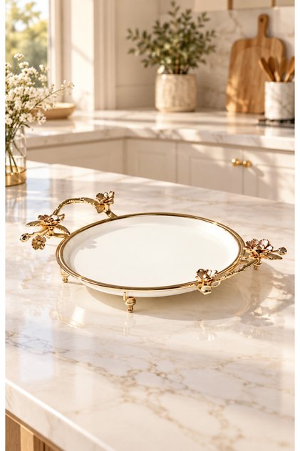 Round Ceramic Presentation Tray with Floral Detail on the Edge, Decorative Serving Dish 36X26X9 cm