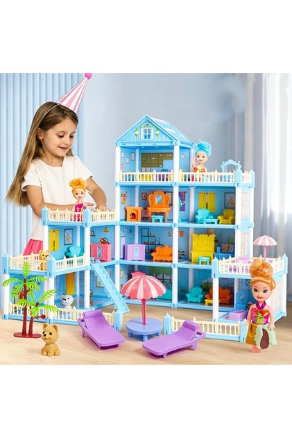Dollhouse with 3-Story 7 Rooms 3 Terraces 2 Dolls, Children's Play House Princess Villa Toy House Dr