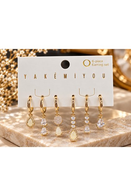 Yakemiyou 6’lı Gold Renk Çelik Zirkon Taşlı Halka Küpe Seti
