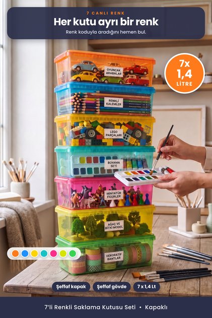 7x 1,4 Lt Renkli Kapaklı Saklama Kutusu Seti Şeffaf Oyuncak Hobi Kırtasiye Organizer Kutu