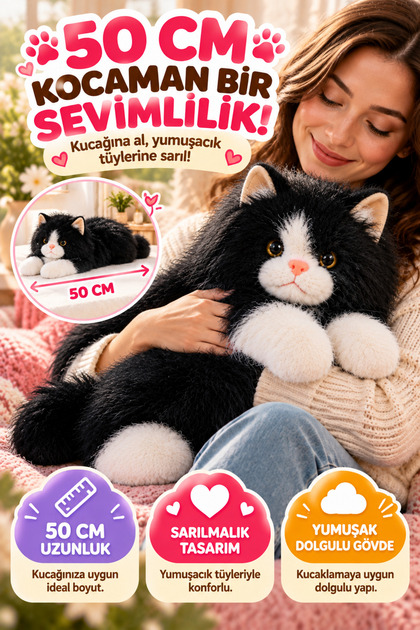 Siyah Gerçek Kedi Görünümlü Pelüş Kedi 50 cm Uzun Tüylü Yumuşacık Sarılmalık Dekoratif Oyuncak Kedi