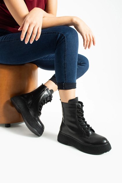 Black Leather Lace-Up Women's Boots