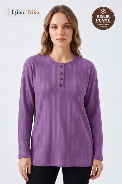 Women's Winter Twisted Patterned 4-Button Knitwear Look Mother's Combed Cotton Blouse