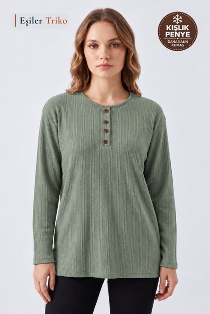 Women's Winter Twisted Patterned 4-Button Knitwear Look Mother's Combed Cotton Blouse