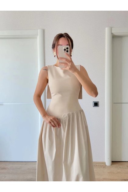 Crepe Back Wing Back Front Long Women's Dress with Pens Detail - Beige