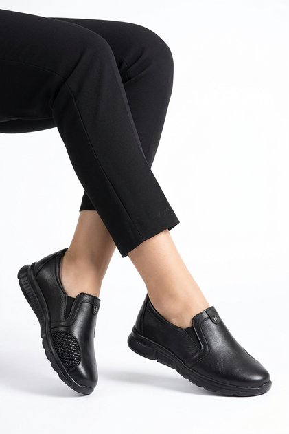 Destas flat side bone protruding genuine leather women's shoes black skin