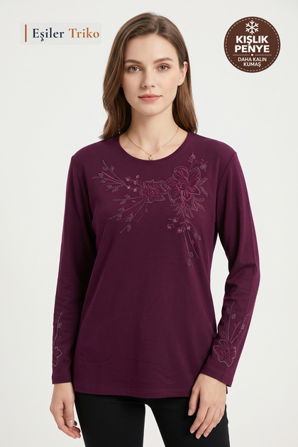 Women's Burgundy Winter Peony Pattern Collar and Sleeves Embroidered, Stoned Clover Fabric Mother Combed Cotton Blouse