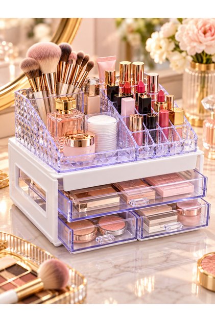 White 16-Compartment Acrylic Transparent Drawer Makeup Organizer Lipstick Holder and Cosmetic Organizer