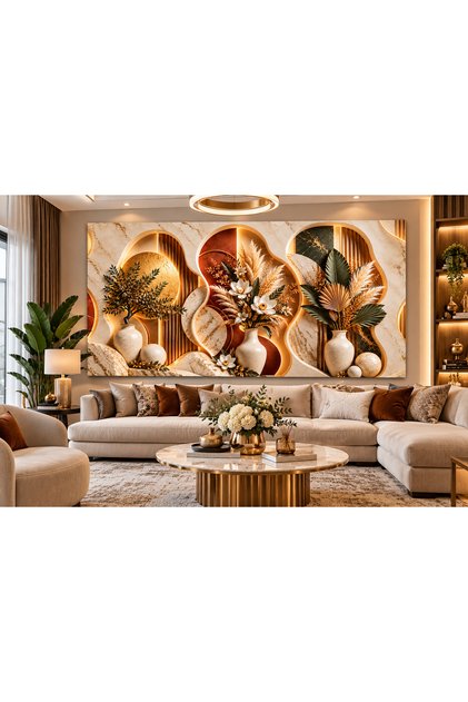 Luxurious Gold Marble Patterned 3D Floral Vase Decorative Wall Painting – Modern Living Room and Office Decoration