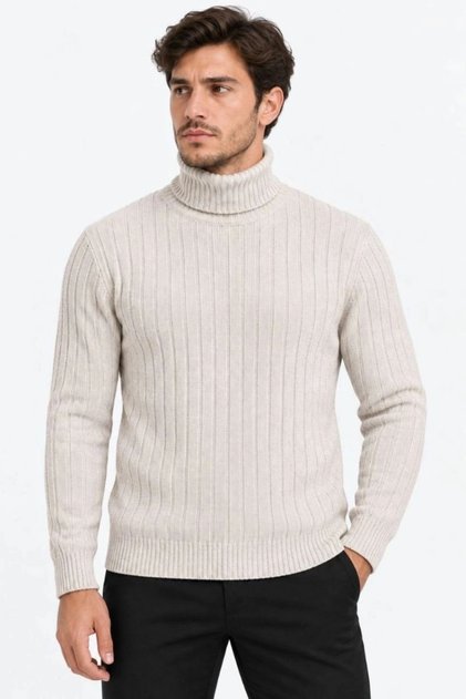 Men's Turtleneck Full-Throated Thick Ribbed Regular Fit Knitwear Sweater - Beige