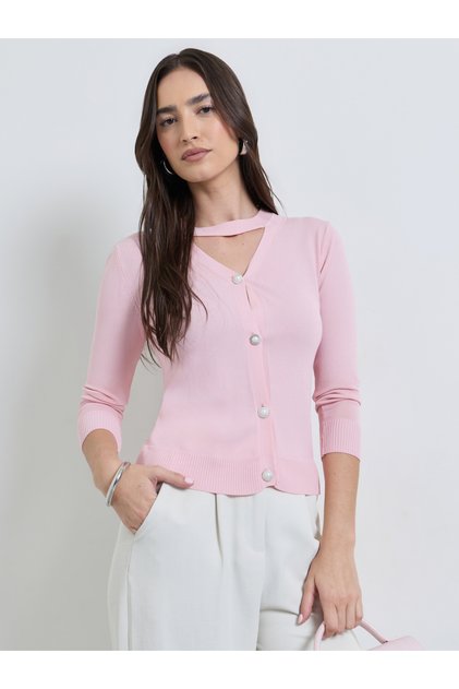 Pink Knit Cardigan Top with Pearl Buttons