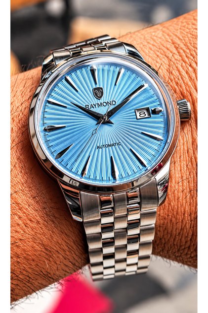 Nh35A 24 Jewels Automatic Movement Men's Wristwatch Silver Turquoise Steel Band with Calendar