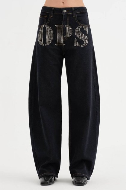 Women's Balloon Fit Jeans with Stone Lettering Detail on the Front