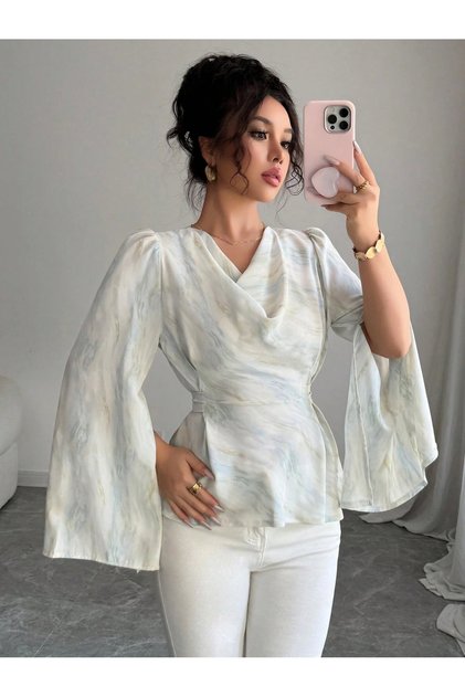 Marble Print Draped Blouse with Bell Sleeves