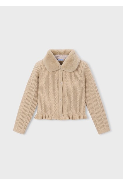 Girl's Beige Fur Collar Cardigan