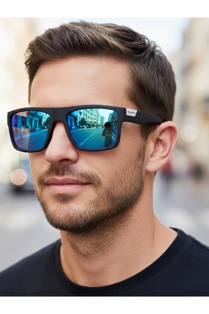 Men Blue Retro Square Sunglasses
