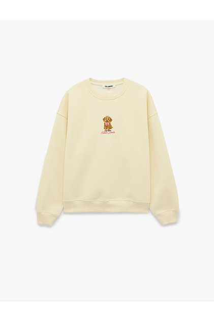 Dog Embroidered Comfortable Fit Raised Crew Neck Long Sleeve Sweatshirt