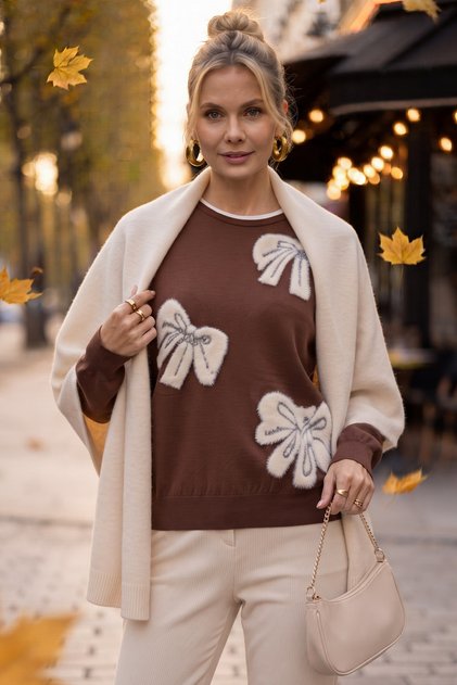 Brown Crew Neck Long Sleeve Ribbon Patterned Stoned Casual Oversize Knitwear Sweater 66 68