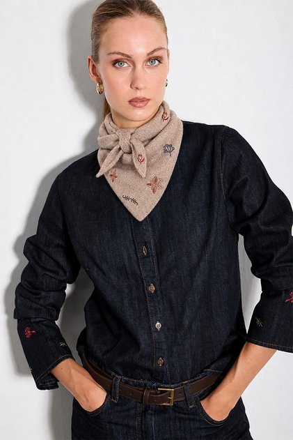 Hayalperest Collection Embroidered Knitwear Scarf - Beige