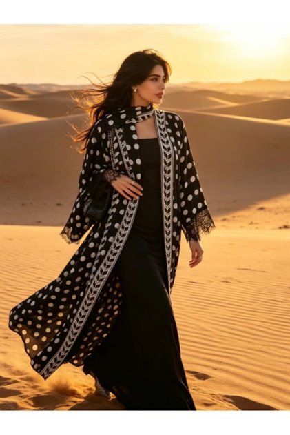 عباءة كبيرة من الشيفون المزين بنقاط البولكا دوت مع الدانتيل (تشمل غطاء الرأس)