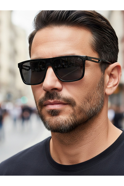 Men Black Flat Top Square Frame Sunglasses