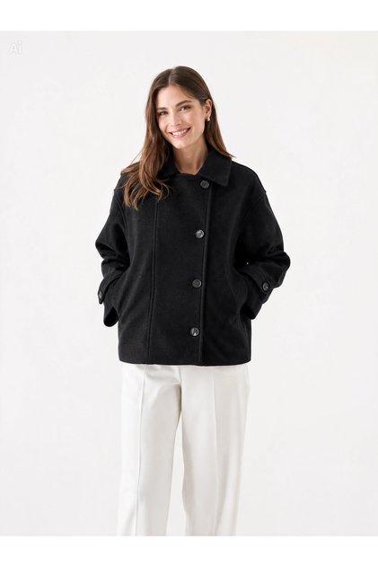 Women's Oversized Short Cashmere Coat with Button Detail