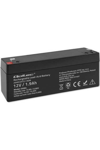 Акумулатор AGM, Qoltec, 53064, 12V, 2.3Ah, макс. 34.5A, Капацитет 2.3 Ah, Напрежение 12 V, Конектори T1 Fast-On 187, 35 x 178 x 60 мм