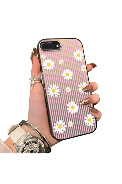 Pink Striped Daisy Phone Case for iPhone 7 Plus/8 Plus Compatible Women's Shockproof Case