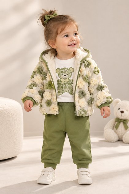 Mini girl baby floral bear cardigan 3 piece set