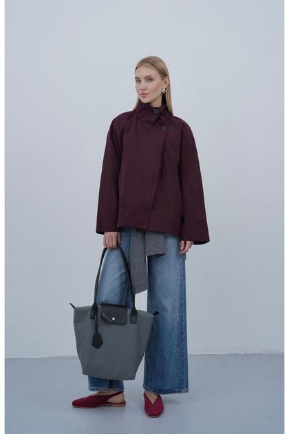 Kadın Dik Yaka Ceket Asimetrik Düğmeli Oversize Reglan Kol Mevsimlik Ceket