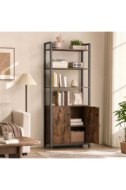 Industrial Bookshelf with Storage Cabinet, 4-Tier Open Display Shelves, Rustic Brown Wood Finish and Black Metal Frame