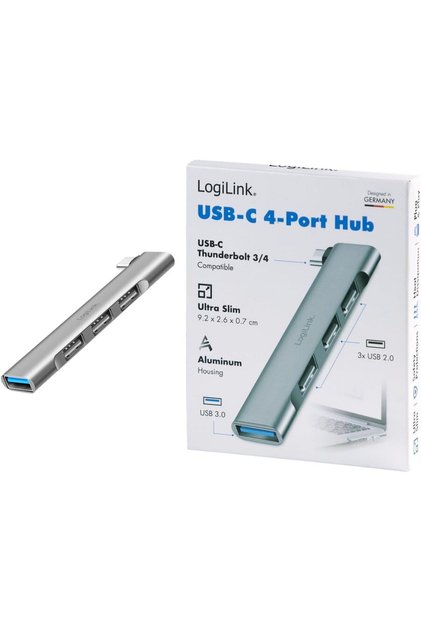 HUB extern LOGILINK, porturi USB: USB-A 3.0 x 1 + USB-A 2.0 x 3, conectare prin USB-C, aluminiu, gri