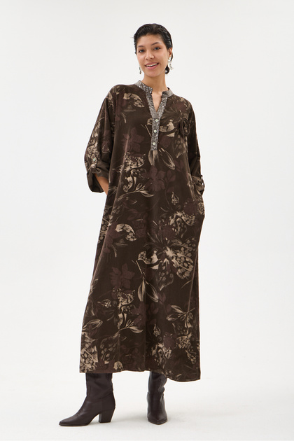 Brown Italian 100% Cotton Velvet Half-Button Floral Patterned Long Velvet Dress 60 - 46 Size