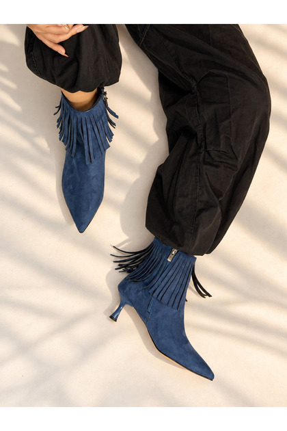 Savanna Navy Blue Suede 5 cm Thin Heel Tassel Detail Women's Boots Botti̇e