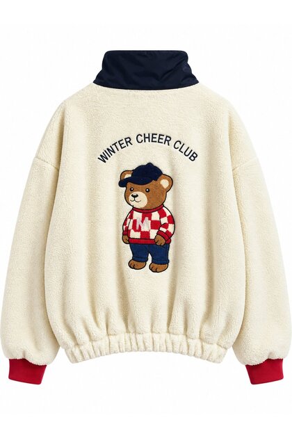 Kadın Ekru Teddy Baskılı Dik Yaka Blok Parçalı Sweatshirt