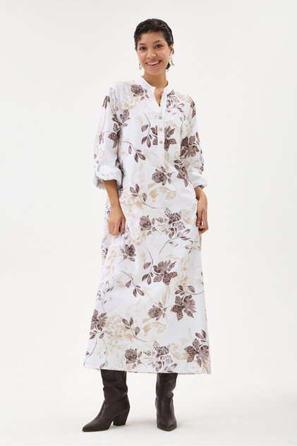 White Italian 100% Cotton Velvet Half-Button Floral Patterned Long Velvet Dress 60 - 46 Size
