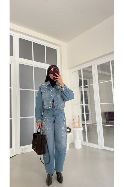 Mavi Taş İşlemeli İkili Denim Takım GAUS-02192