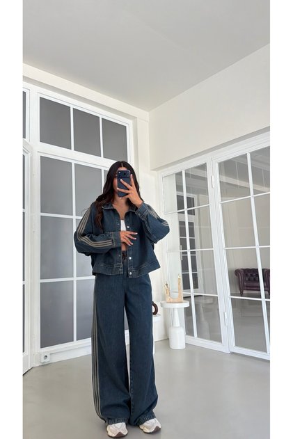 Gri Şerit Detaylı Ceket Beli Lastikli Pantolon İkili Denim Tensel Takım GAUS-02094