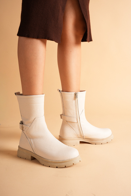 Women's Genuine Leather Casual Boots with Belt Detail - Cream