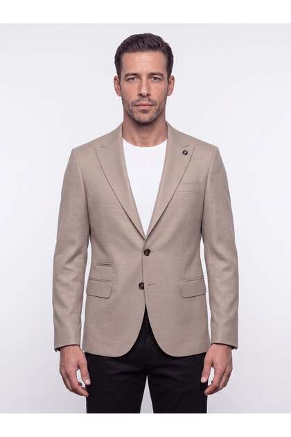 Beige Slim Fit Pointed Collar 6 Drop Men's Casual Jacket