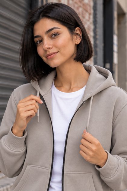 Hooded Fleece Inside Full Zipper Pocketed Winter Sweatshirt Stone Color Women's Cardigan