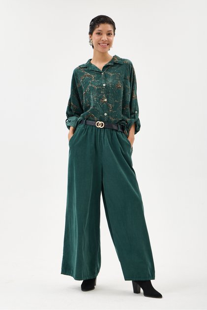 Women's Green Italian 100% Cotton Velvet Patterned Trousers with Shirt Oversize Velvet Suit 40 - 46 Size