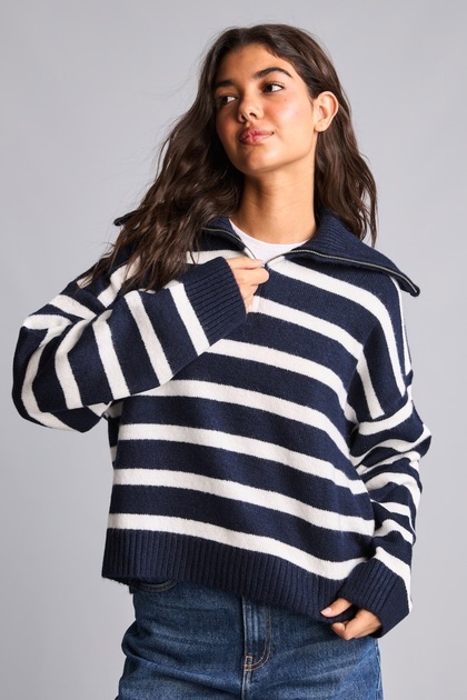 Striped Zippered Regular Fit Wool Blend Sweater H2372Ax26Au
