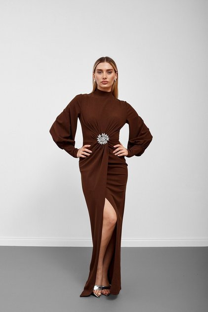 Brown High Collar Brooch Detailed Balloon Sleeve Long Dress