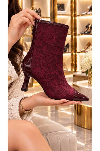 Lavenya Women's Burgundy Floral Patterned Lace Patent Leather Garnished Pointed Toe Zippered 7 cm Goblet Heeled Booties