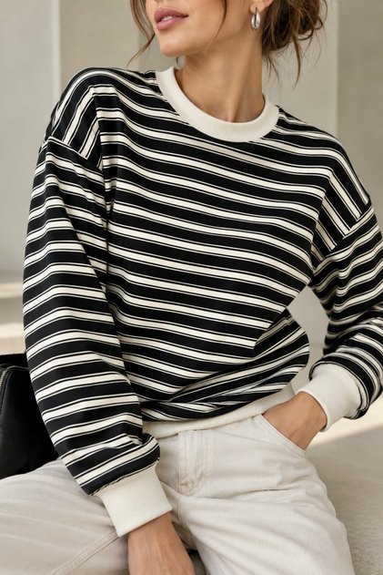 Women's Striped Crew Neck 2 Thread Sweatshirt Comfortable Fit My3535