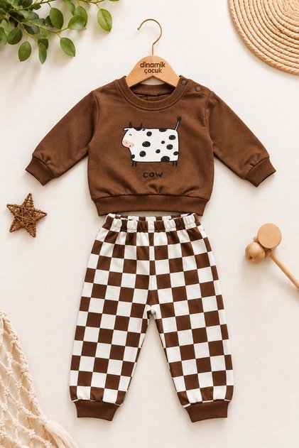 Baby Boy 2-Piece Set: Non-Embroidered Cow Print Sweatshirt and Checkerboard Patterned Sweatpants, Seasonal